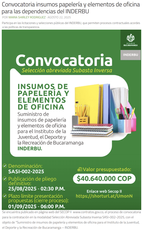 Convocatoria insumos papelería y elementos de oficina para las dependencias del INDERBU